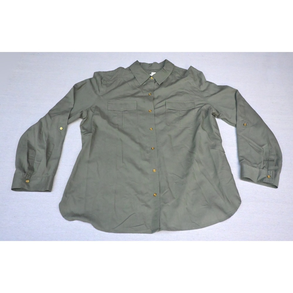 Chicos Womens 2 L Utility Button Shirt Olive Diamond Stitched Yoke Flap Pocket